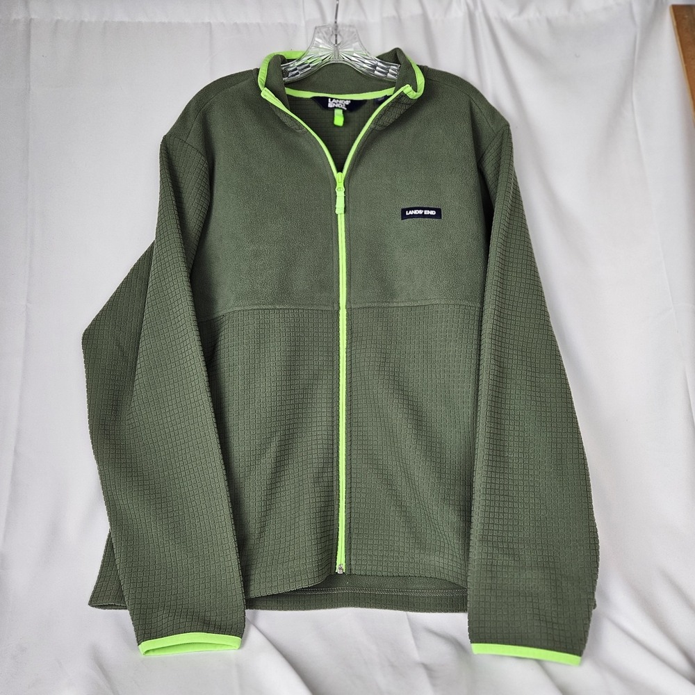 Land's End Men Long SleeveFullZip Grid Fleece Jacket (Navy/neon Green) Size L